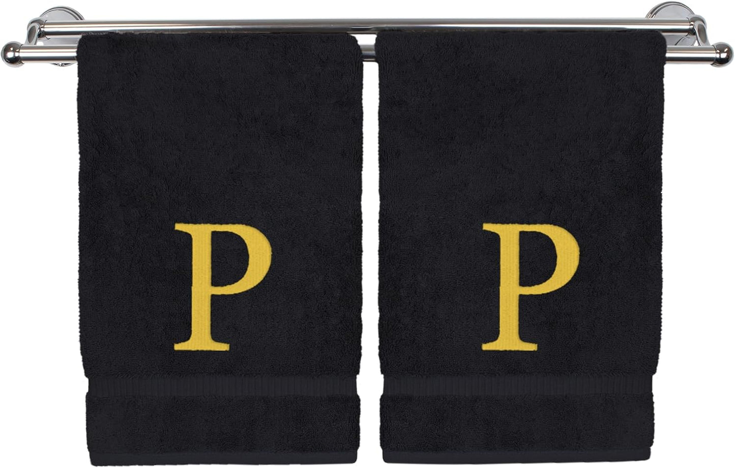Monogrammed Hand Towel, Personalized Gift, Set of 2- Gold Block Letter Embroidered Towel - Extra Absorbent 100% Turkish Cotton - Soft Terry Finish - Initial P Black