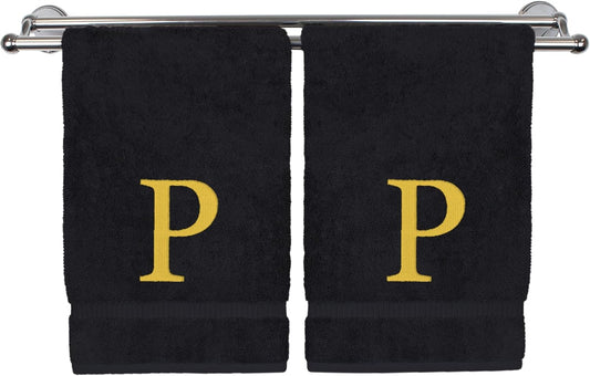 Monogrammed Hand Towel, Personalized Gift, Set of 2- Gold Block Letter Embroidered Towel - Extra Absorbent 100% Turkish Cotton - Soft Terry Finish - Initial P Black