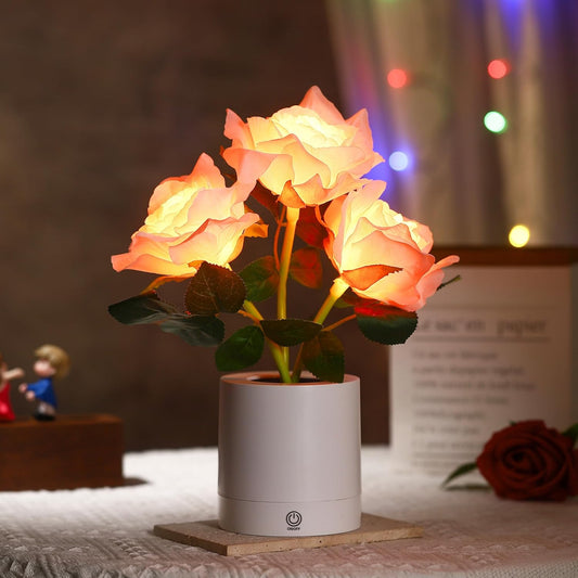 WSYEAR Pink Rose Flower Lamp, Valentine's Day LED Artificial Flowers Gifts for Her Wife Girlfriend Small Table Lamp Night Light, Cordless Touch Lamp