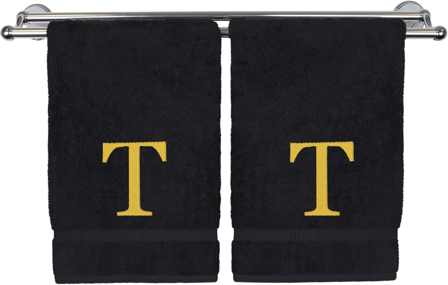 Monogrammed Hand Towel, Personalized Gift, Set of 2- Gold Block Letter Embroidered Towel - Extra Absorbent 100% Turkish Cotton - Soft Terry Finish - Initial T Black