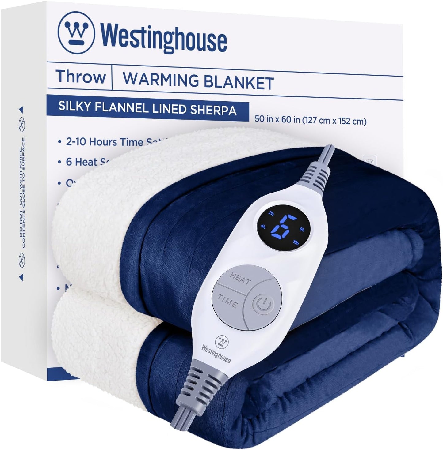 Westinghouse Electric Blanket Heated Throw | 6 Heating Levels & 4 Hours Auto Off | Flannel to Sherpa Reversible 50x60 | Machine Washable, Navy Blue