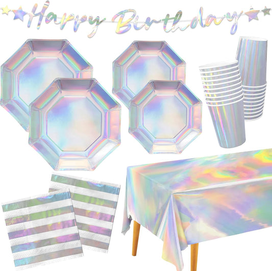 Iridescent Party Supplies - Disposable Paper Plates, Cups, Napkins, Tablecloth & Banner - Ideal for Mermaid Themed Events & Birthday or Wedding Party Decoration - Serves 25