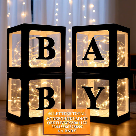 Ledido Baby Boxes with Letters for Baby Shower Decorations, 4 Pcs Transparent Balloon Boxes Blocks with Fairy String Lights, Clear Balloon Boxes for Boy Girl Gender Reveal Party Backdrop (Black)