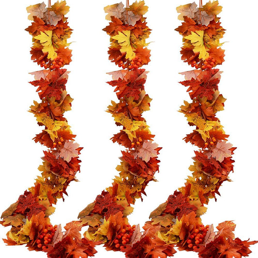 3pack Fall Garland Maple Leaf Garlands 5.9Ft/Piece Fall Maple Leaves Garland Hanging Vine Garlands Artificial Autumn Foliage Thanksgiving Christmas Decor (3, Orange)