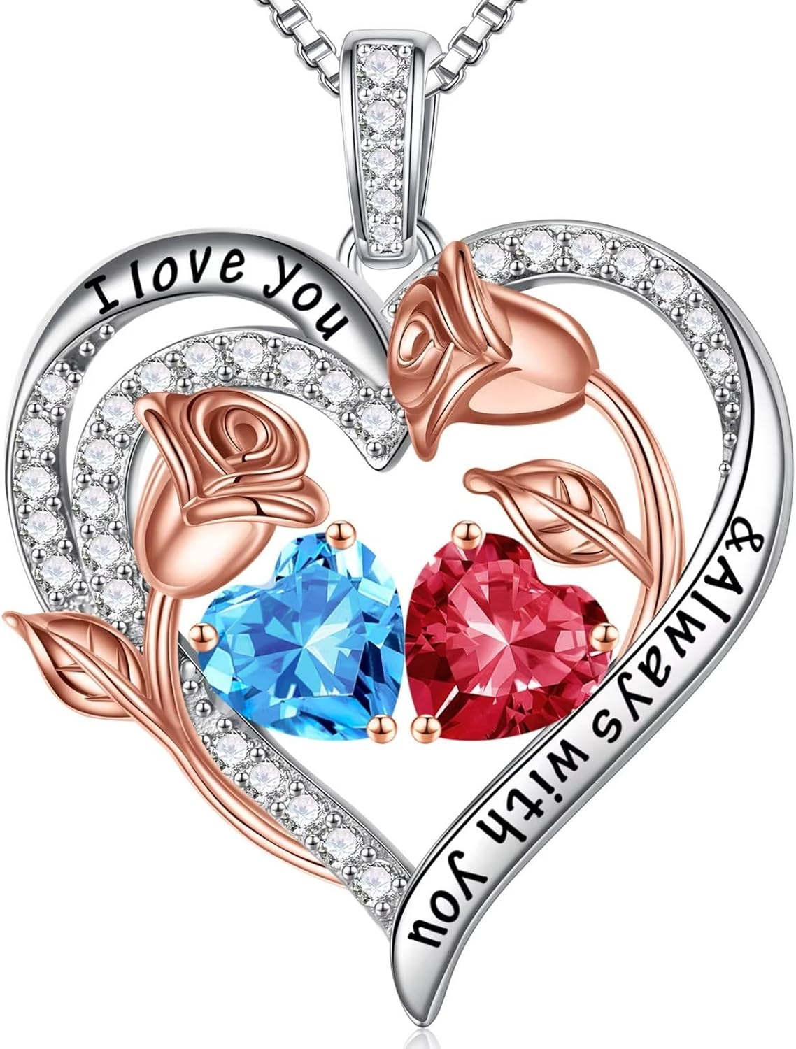 Iefil Birthstone Necklace for Women - 925 Sterling Silver Rose Heart Birthstone Necklace Birthday Anniversary Jewelry Gifts for Her Wife Mom Daughter