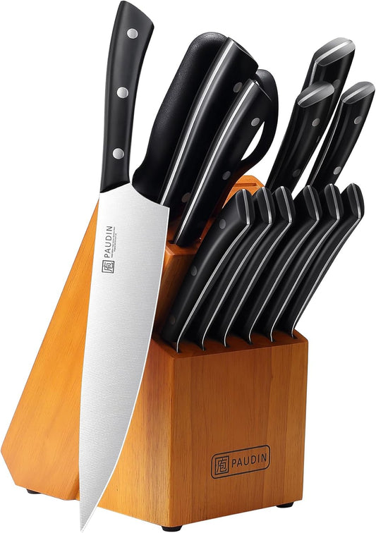 PAUDIN Knife Block Set, 15-Piece Knife Set with Block, High Carbon German Steel Kitchen Knife Set with Block and Sharpener, Sharp Knives Set for Kitchen, Precision Cutting with Ergonomic Handle
