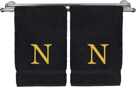 Monogrammed Hand Towel, Personalized Gift, Set of 2- Gold Block Letter Embroidered Towel - Extra Absorbent 100% Turkish Cotton - Soft Terry Finish - Initial N Black