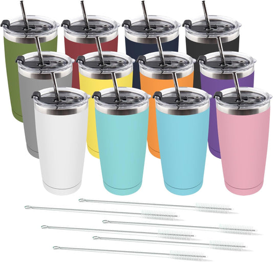 Amtidy 16 Pack 20oz Stainless Steel Tumbler with Lid, Powder Coated Vacuum Insulated Tumbler Cup, With straw and cleaning brushDouble Wall Coffee Tumbler, Powder Coated Travel Mug