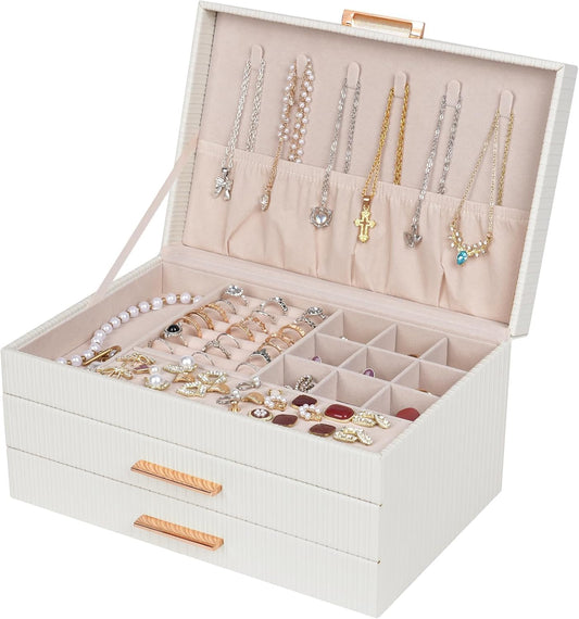 Dajasan Jewelry Boxes for Women, Jewelry Box Organizer with 2 Drawers, 3-Tier Large Jewelry Holder Organizer Box for Necklace Ring Earring Bracelet, Gift Idea, Modern Style (White)