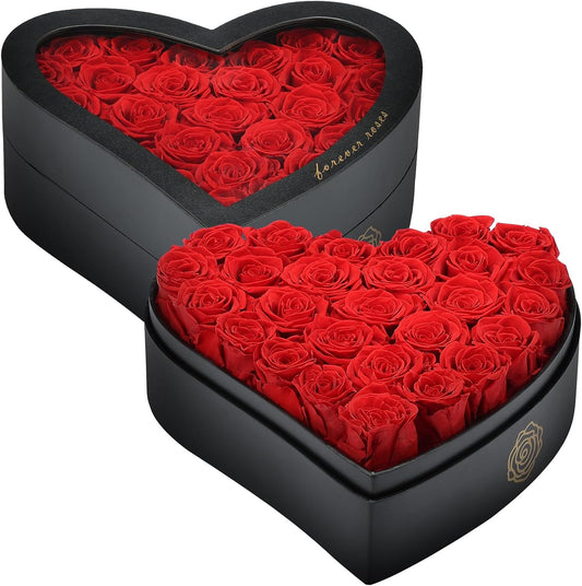 27 Eternal Flowers in Heart Shaped Box - Eternal Rose Romantic Gifts for Her, Valentine’s Day, Anniversary, Wedding (Red)