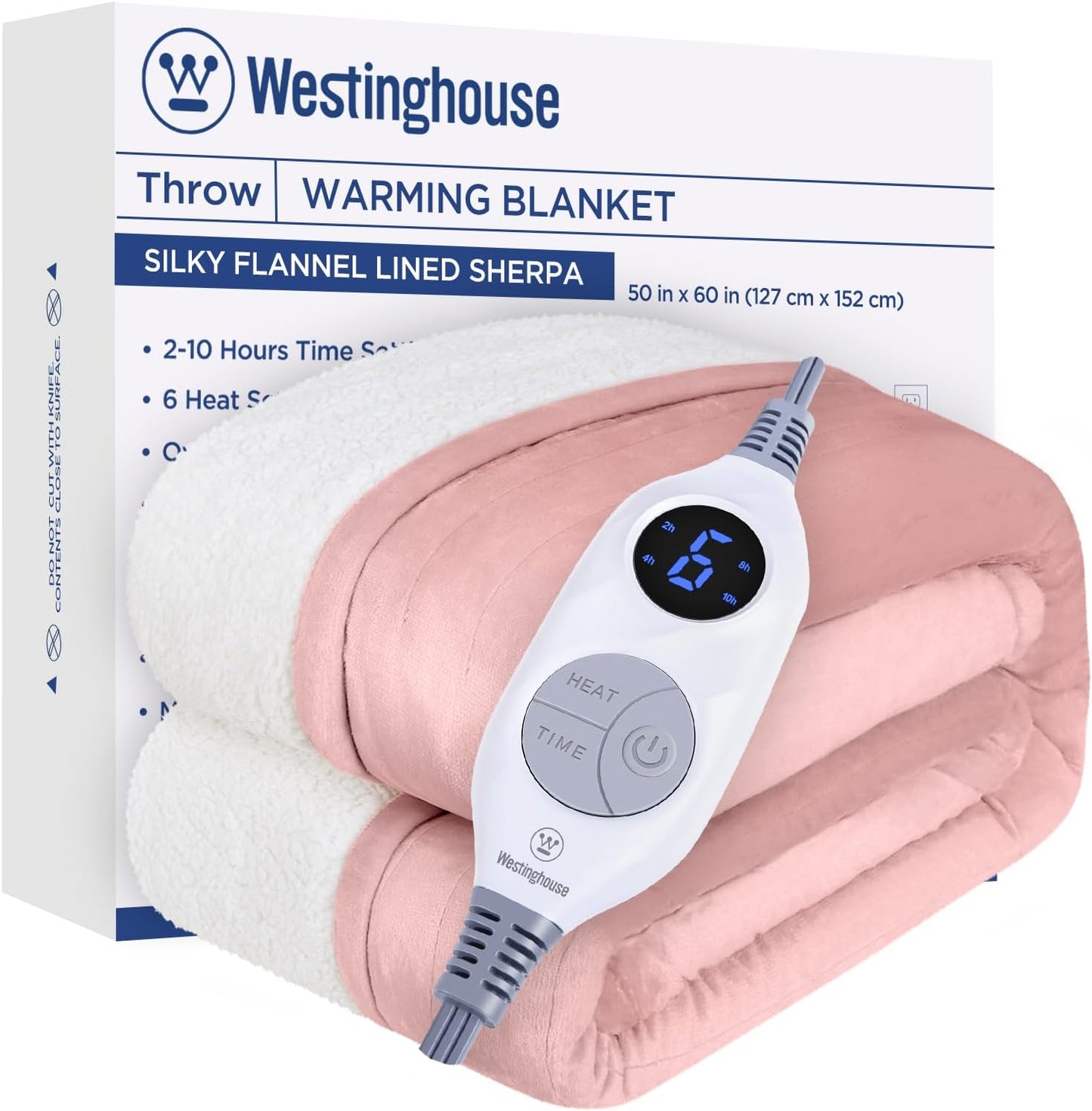 Westinghouse Heated Blanket Throw, Soft Flannel to Sherpa Electric Blanket with 10 Heating Levels, 12 Hours Auto Off, Fast Heating, Machine Washable, 50x60 Inch, Pink