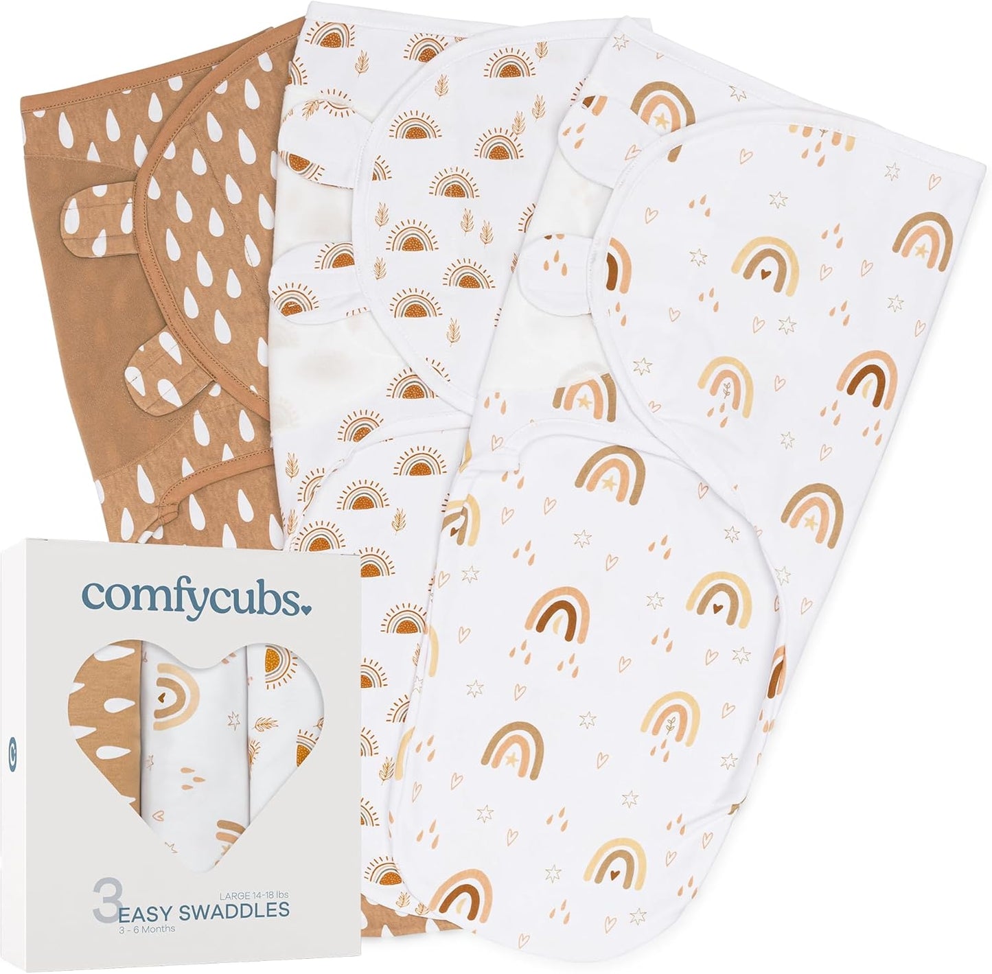 Comfy Cubs Easy Swaddle Blanket, 3 Pack - 100% Cotton Newborn Wrap, Large for 3-6 Months Infants, with Adjustable Velcro, Breathable and Durable Sleep Sack for Babies - Rainbow Bohemian
