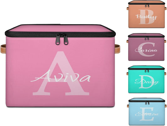 Custom Storage Basket with Name, Personalized Storage Bins with Zipper Lid, Foldable Fabric Storage Box Large capacity with Handle Pink