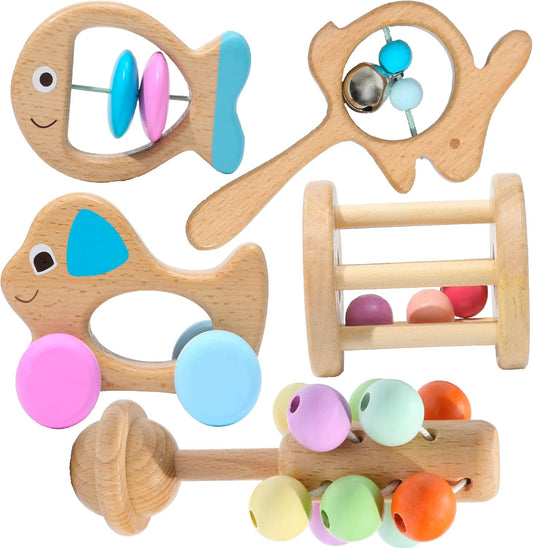 Montessori Mama Wooden Toys for Babies 5-Piece Collection - Multi-Sensory Learning Rattle for Babies - Infant Wooden Toy Set Baby Weights Toys - Teether