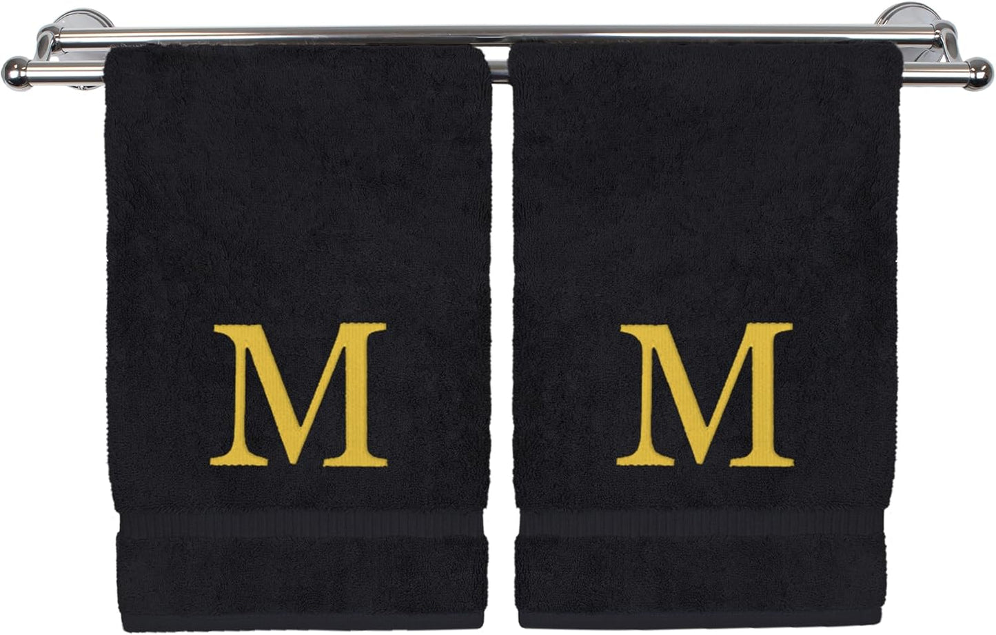Monogrammed Hand Towel, Personalized Gift, Set of 2- Gold Block Letter Embroidered Towel - Extra Absorbent 100% Turkish Cotton - Soft Terry Finish - Initial M Black