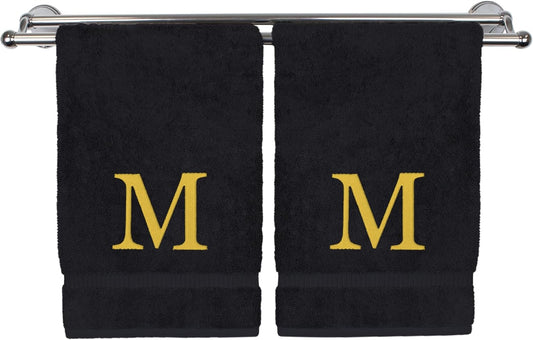 Monogrammed Hand Towel, Personalized Gift, Set of 2- Gold Block Letter Embroidered Towel - Extra Absorbent 100% Turkish Cotton - Soft Terry Finish - Initial M Black