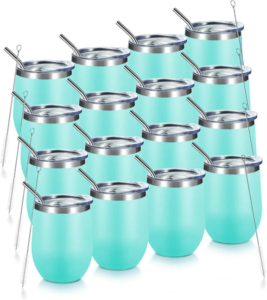 COMOOO 16 Pack Stainless Steel Wine Tumbler with Lid and Straw 12oz Double Wall Vacuum Insulated Travel Tumbler Cup for Hot and Cold Drinks, Coffee, Wine, Cocktails, Ice Cream Cup, Blue