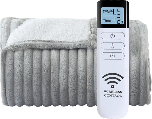 Heated Blanket Electric Blanket 62"x84", Soft Flannel Sherpa Electric Throw with 5 Heating Level & 1-12 Hour Auto Off, Heated Throw with Overheating Protection, Machine Washable(Light Grey)
