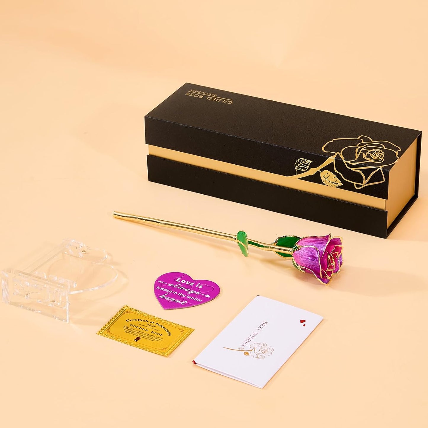 Mikasol Real 24K Gold Dipped Realistic Rose – Timeless Lifelike Bloom with Heart Puzzle Base – Romantic Purple Flower Gift for Her, Wife, Girlfriend, Mom – Birthday, Anniversary, Mother’s Day (Purple)