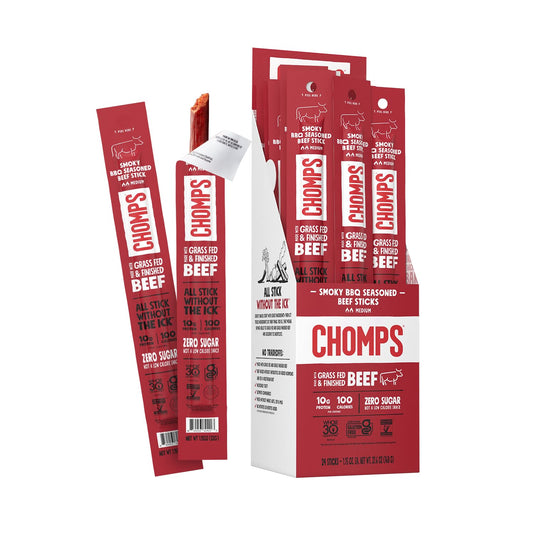 Chomps Grass-Fed and Finished Smoky BBQ Seasoned Beef Jerky Snack Sticks 24-Pack - Keto, Paleo, Whole30, 10g Lean Meat Protein, Gluten-Free, Zero Sugar Food, Non-GMO