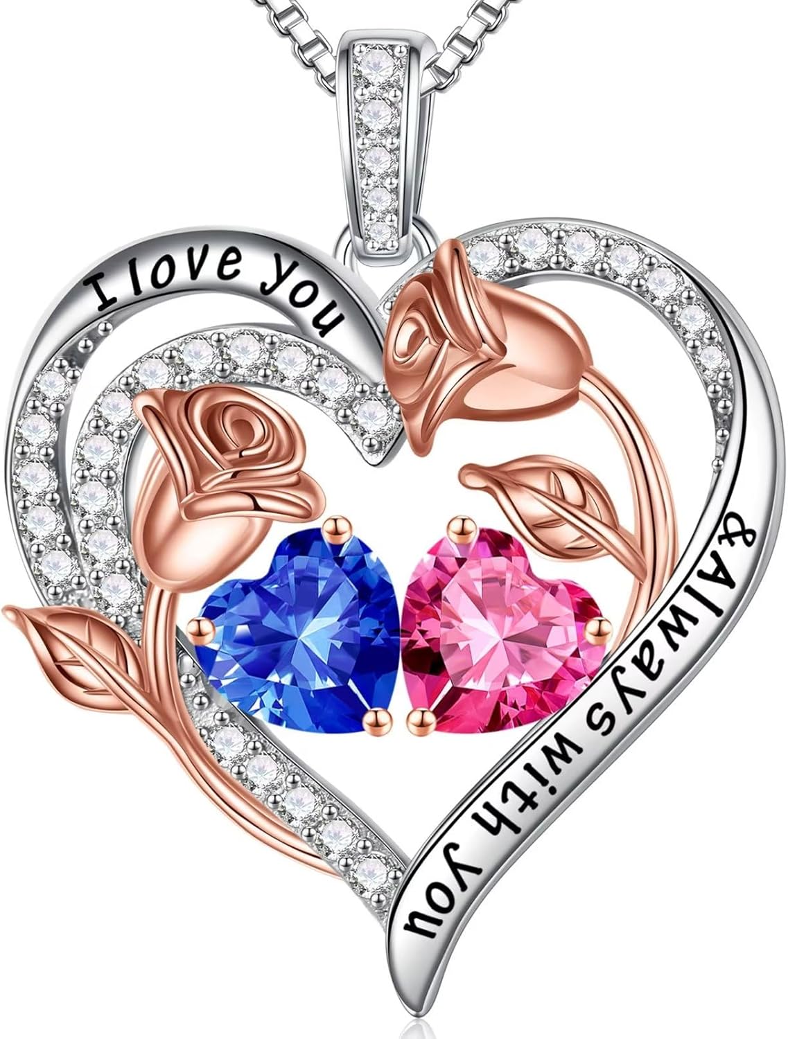 Iefil Birthstone Necklace for Women - 925 Sterling Silver Rose Heart Birthstone Necklace Birthday Anniversary Jewelry Gifts for Her Wife Mom Daughter