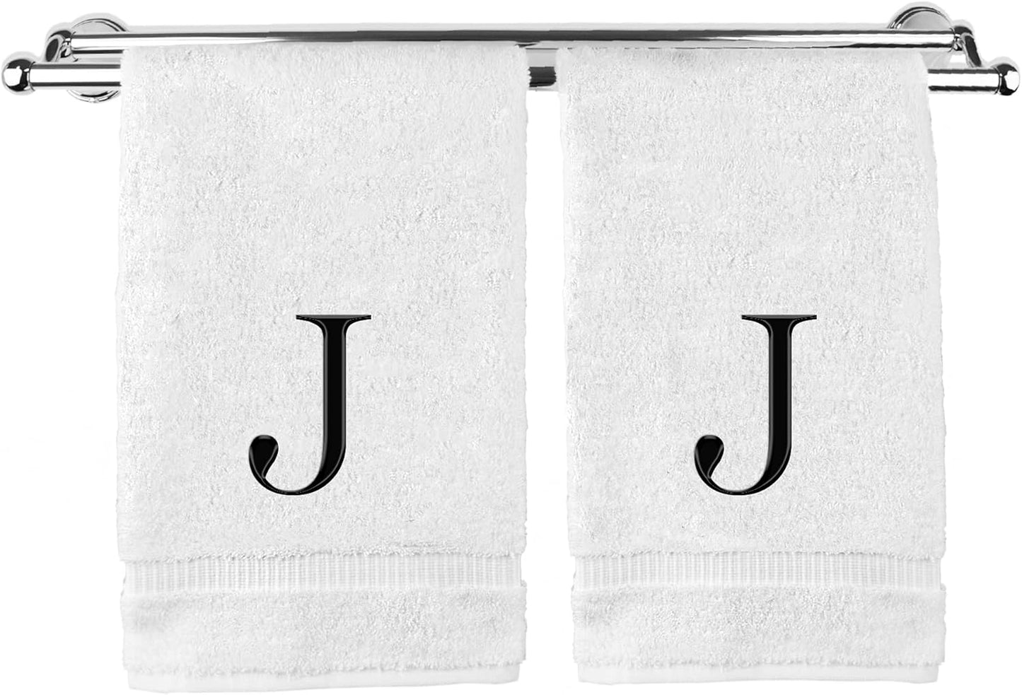Monogrammed Hand Towel, Personalized Gift, Set of 2- Black Block Letter Embroidered Towel - Extra Absorbent 100% Turkish Cotton - Soft Terry Finish - Initial J White