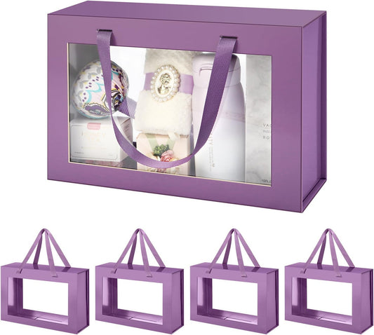Large Purple Clear Gift Boxes, 13.5x9x4.1 Inches Gift Boxes with Windows by Handles, Bridesmaid Proposal Boxes, Collapsible Gift Boxes with Magnetic Closure (Glossy Purple, 5 Pack)