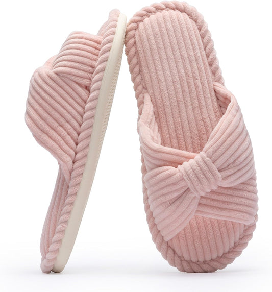 Chantomoo Slippers for Women Memory Foam House Womens Slipper Slides Home Bedroom Bathroom Spa Open Toe Corduroy Bow Slippers Cozy Comfortable