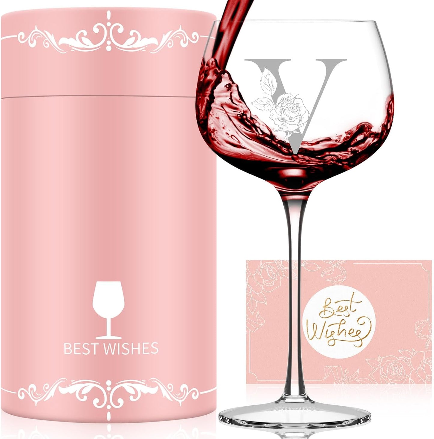 Personalized Gifts for Women, Monogrammed A-Z Wine Glass Customized Gift, Unique Christmas Birthday Gifts for Women Her Mom Friend Sister Wife Daughter Nurse (V)