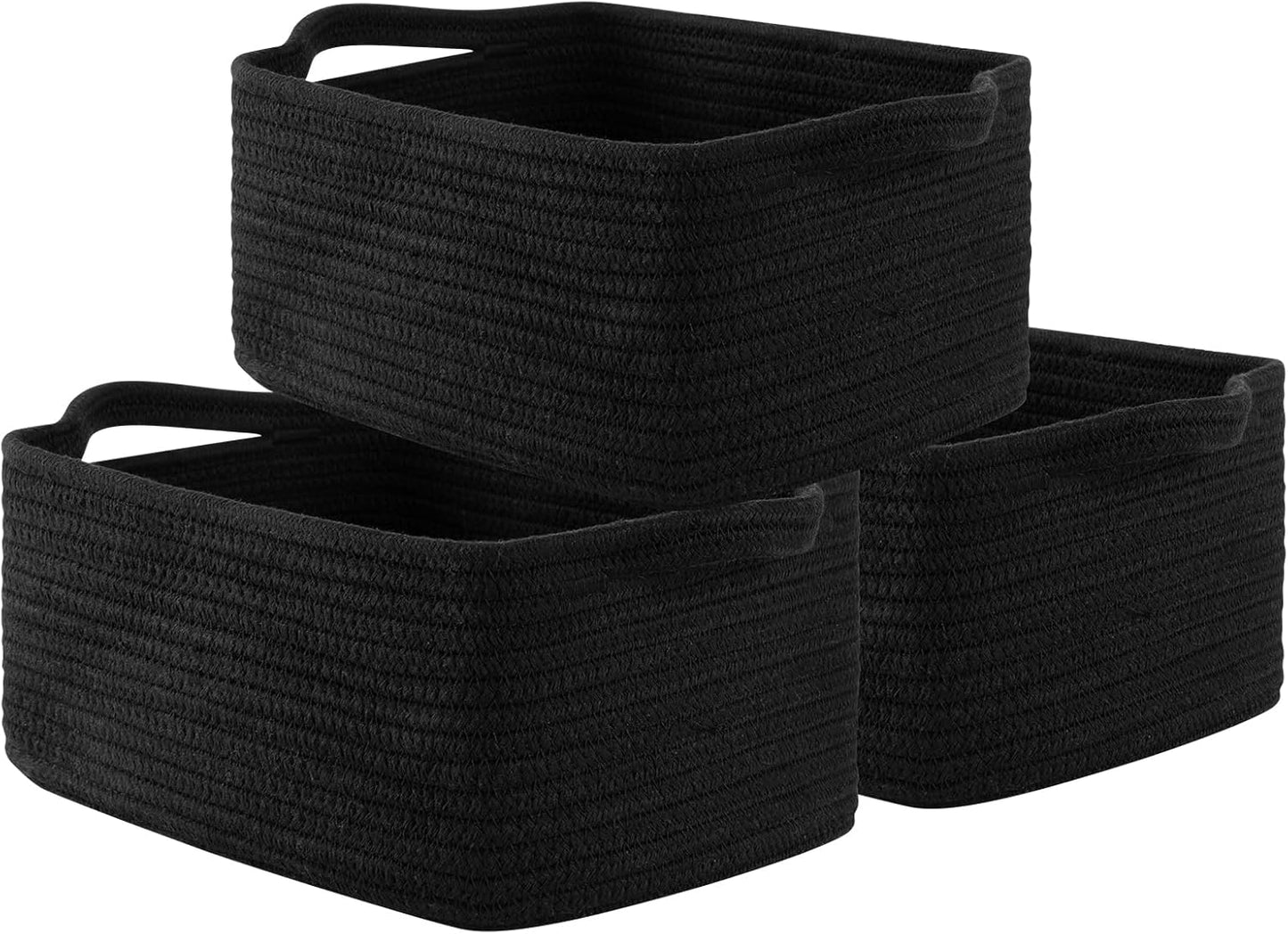 OIAHOMY Cotton Rope Woven Baskets for Storage, Nursery Rectangle Storage Basket with Handles for Shelves, Pack of 3, Black