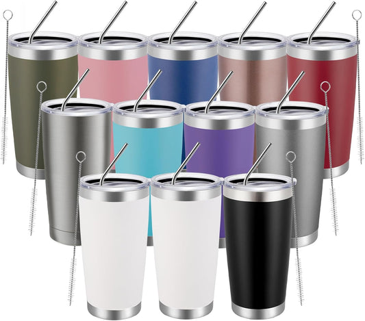 MEWAY 20oz Tumbler 12 Pack Double Wall Vacuum Insulated Travel Mug Bulk, Mix Color Stainless Steel Tumblers with Lid and Straw, Durable Powder Coated Coffee Cups for Cold & Hot Drinks（Mix Color, 12