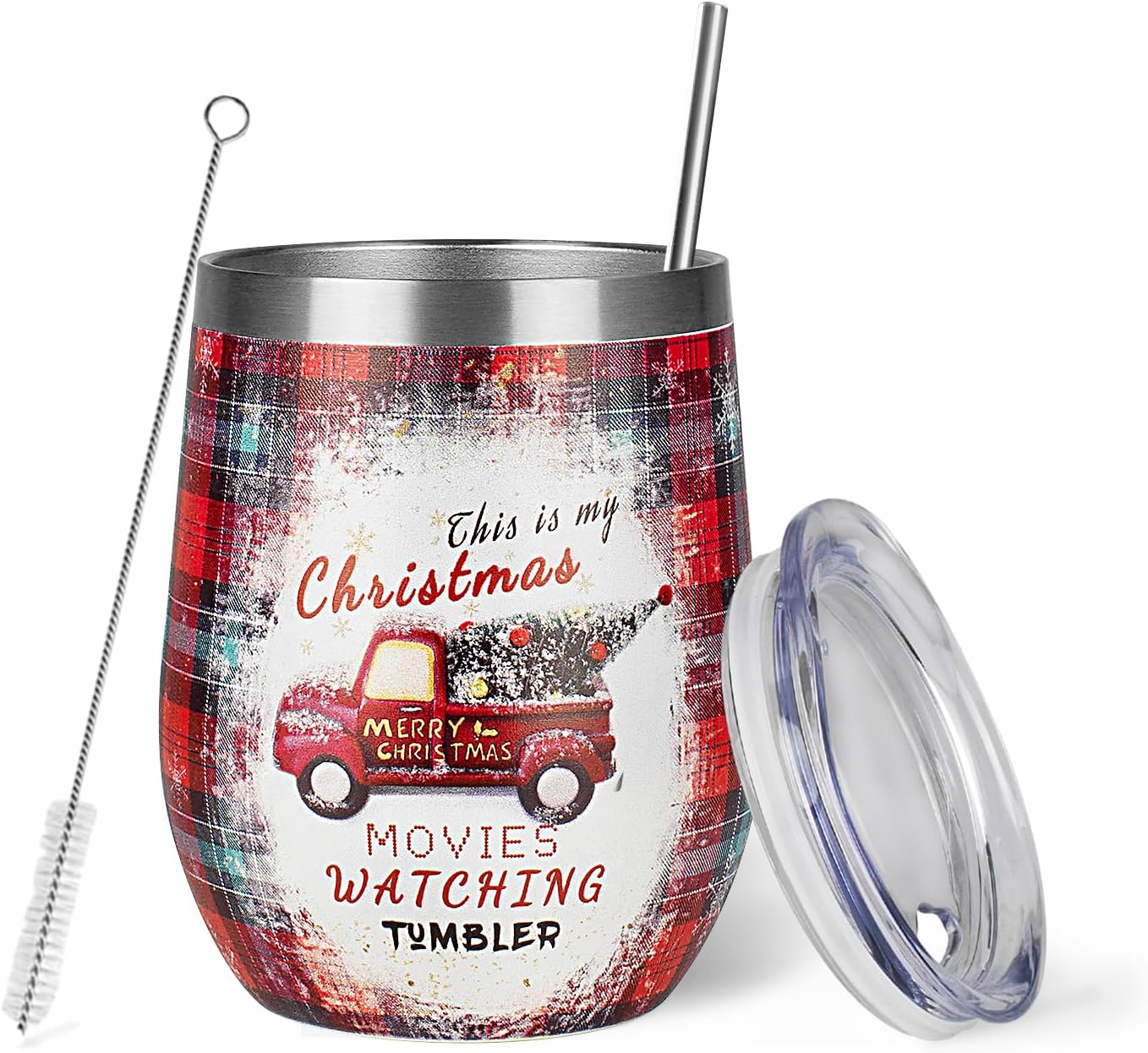 Christmas Wine Tumbler 12 oz Christmas Stainless Steel Wine Glass with Lid and Straw Stemless Double Wall Insulated Wine Cups Keeping Cold & Hot for Holiday Xmas Wedding Party Gifts (Christmas trucks)