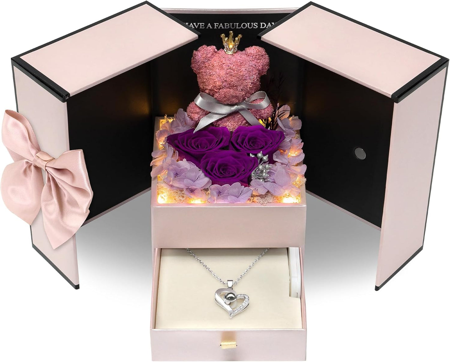 Childom Preserved Birthday Gifts for Women,Christmas Rose Gifts for Her Mom,3 Pcs Purple Preserved Flowers for Women,Light Up Real Rose Flower with Necklace Bear for Christmas,Anniversary,Valentines