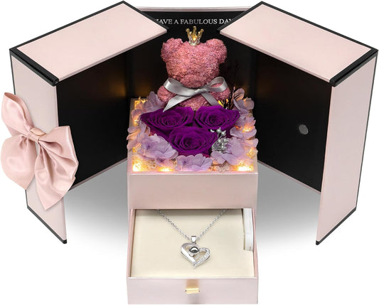 Childom Preserved Birthday Gifts for Women,Christmas Rose Gifts for Her Mom,3 Pcs Purple Preserved Flowers for Women,Light Up Real Rose Flower with Necklace Bear for Christmas,Anniversary,Valentines