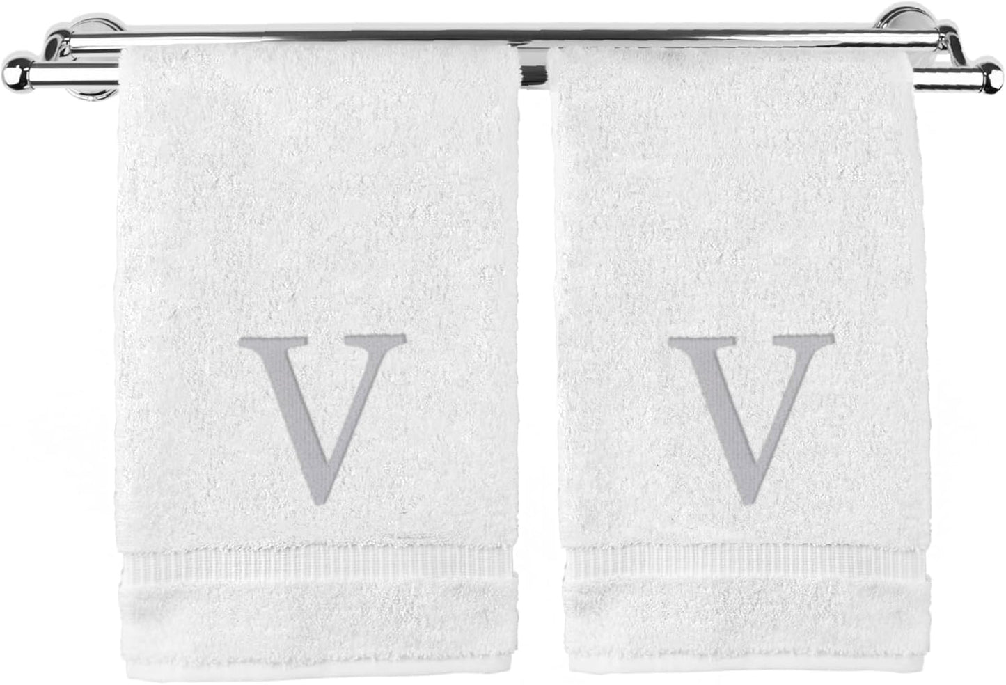Monogrammed Hand Towel, Personalized Gift, Set of 2- Silver Block Letter Embroidered Towel - Extra Absorbent 100% Turkish Cotton - Soft Terry Finish - Initial V White