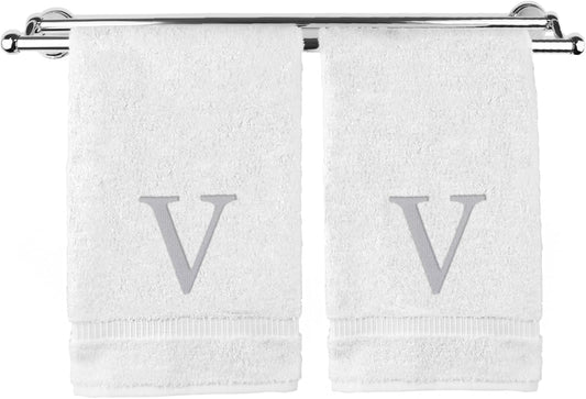 Monogrammed Hand Towel, Personalized Gift, Set of 2- Silver Block Letter Embroidered Towel - Extra Absorbent 100% Turkish Cotton - Soft Terry Finish - Initial V White