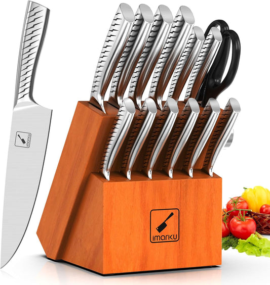 imarku Knife Set,14-Piece Knife Sets for kitchen with block,Premium One-Piece Kitchen Knife Set with Sharpener,High Carbon Stainless Steel Knives Set for Kitchen,Silver,Dishwasher Safe