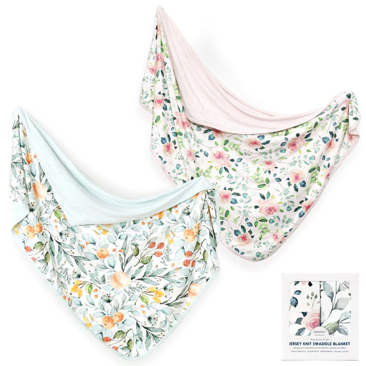 GRSSDER Baby Blankets Super Soft Stretchy Jersey Swaddle Blanket 2 Pack for Baby Girls, Double Layer Reversible Receiving Blankets 34 x 44, Extra Large for Swaddling, Pink Rose & Fruit