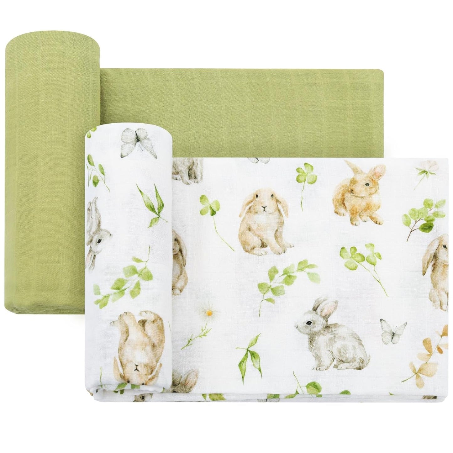 LifeTree Baby Swaddle Blankets, Boys Girls Muslin Swaddling Wrap Receiving Blanket for Newborn, 70% Viscose from Bamboo and 30% Cotton, Large 47" x 47", Rabbit and Grass Green Pattern