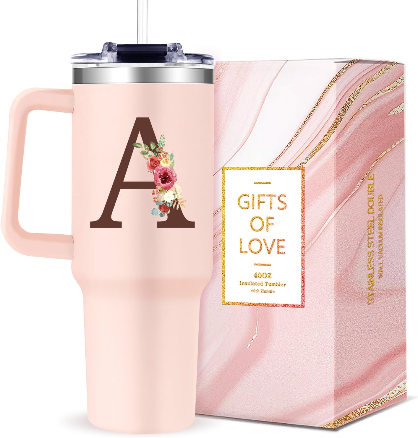 Monogrammed 40oz Tumbler With Handle for Women, Personalized Birthday Gift, Initial Cups Floral Letter A, Customized Lady Gift for Mother's Day Christmas
