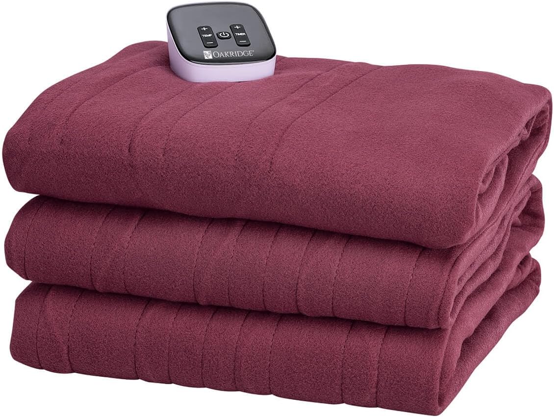 OakRidge Digital Comfort Fleece Heated Twin Blanket - Burgundy, 100% Polyester, Machine Washable, Oeko-TEX Certified, Perfect for Warm Nights, Controlled Heat Settings