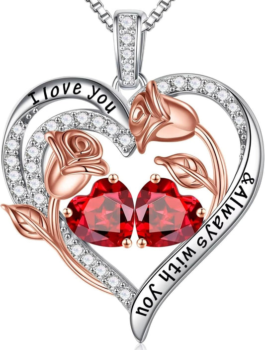 Iefil Birthstone Necklace for Women - 925 Sterling Silver Rose Heart Birthstone Necklace Birthday Anniversary Jewelry Gifts for Her Wife Mom Daughter