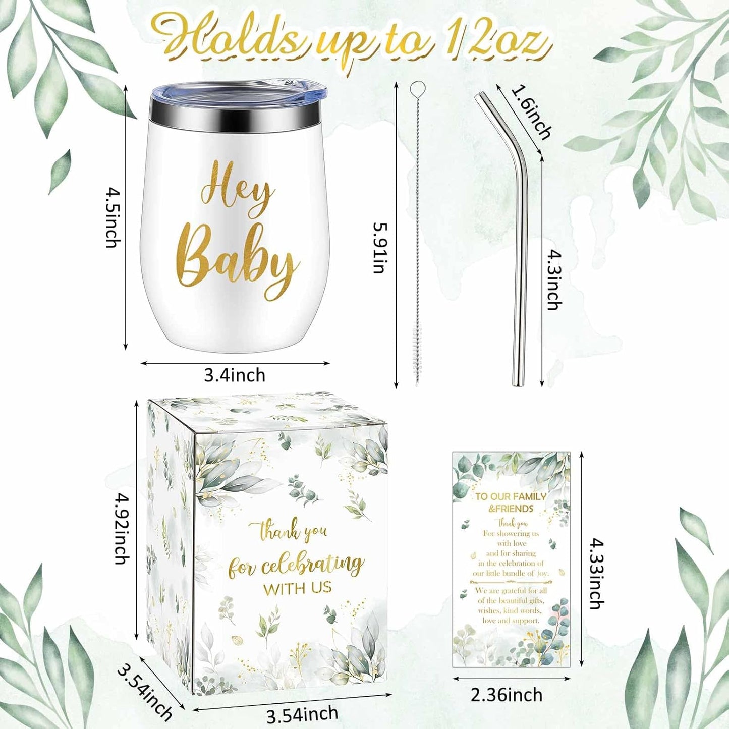 Hoolerry 6 Set Baby Shower Game Prizes for Guests Winners 12 oz Insulated Stainless Steel Tumbler Cup with Lids, Straws, Cleaning Brush, Cards & Boxes Return Gifts(White Green,Greenery)