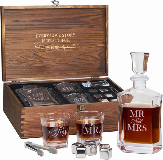 AW BRIDAL Whiskey Decanter Set with Wooden Keepsake Box, Mr & Mrs Glasses, Ice Cubes, Wedding Gifts Bridal Shower Gifts Engagement Gift for Couples Newlyweds