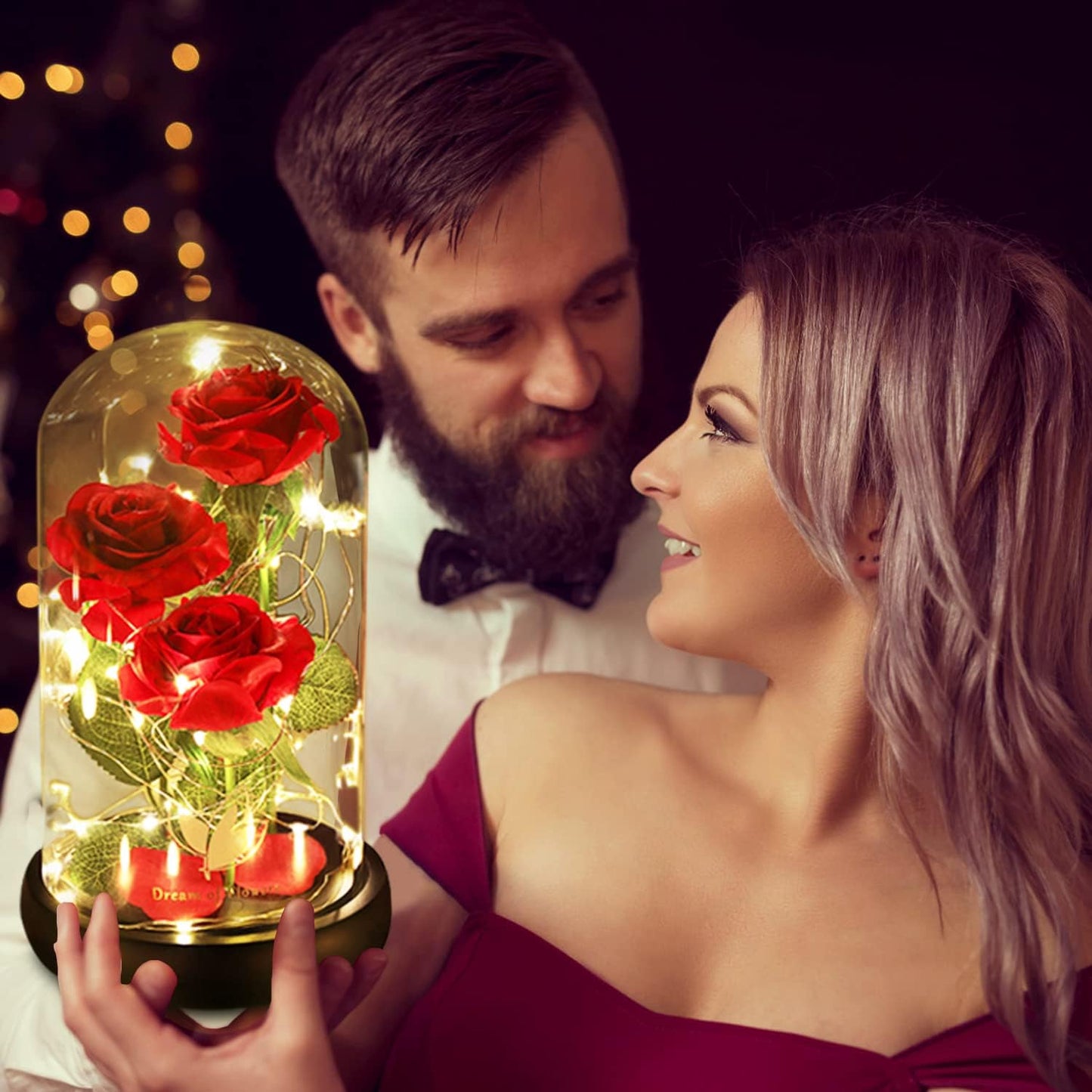 ﻿Women Gift Idea Birthday,Unique Gifts for Mom,Beauty and The Beast Rose in Glass Dome with 2 Lights Mode, Birthday Gifts for her,Anniversary Rose Gifts for Wife,Red Silk Rose Flower Gifts for Women