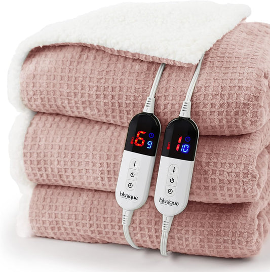 Heated Blanket Electric Blanket Queen Waffle, 84x90 Inches Dual Controllers Sherpa Fleece Fast Heating Blanket 6 Heating Levels & 10 Hours Auto Off ETL Certification, Pink Queen