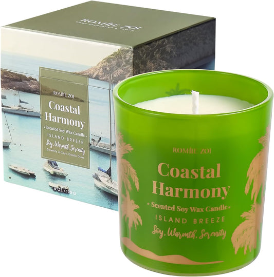 Island Breeze Scented Candle - Coastal Harmony - 6oz Soy Wax Candle for Home Scented, Stress Relief Candle Gifts for Women/Men