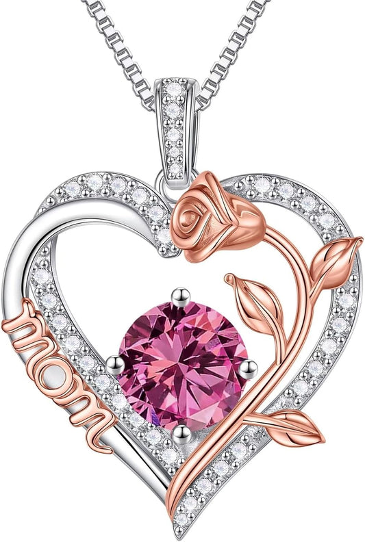 Iefil Gifts for Mom - 925 Sterling Silver Rose Round Birthstone Necklace Christmas Birthday Gifts Jewelry for Her Heart Pendant Necklace for Women Bonus Mom Mother in Law