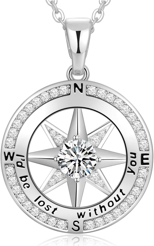 Peeshow Gifts for Women Wife-Compass Birthstone Necklace Gift for Wife Birthday Wedding Anniversary Women Jewelry for Her Girlfriend S925 Sterling Silver