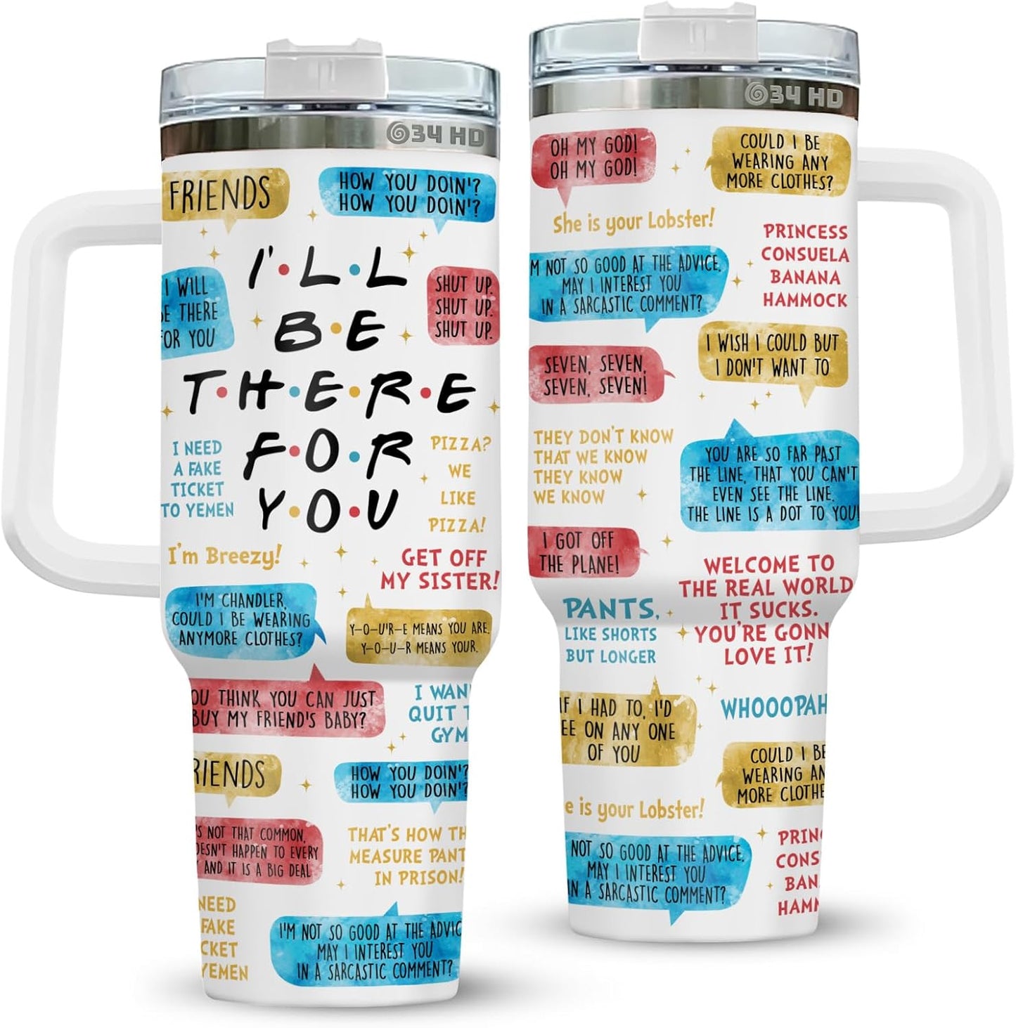 34HD Friends TV Show 20oz Travel Tumbler with Handle – I'll Be There for You Quote Cup – Insulated Stainless Steel Mug for Coffee or Cold Drinks – Funny Gift for Friends Fans, Women, TV Lovers